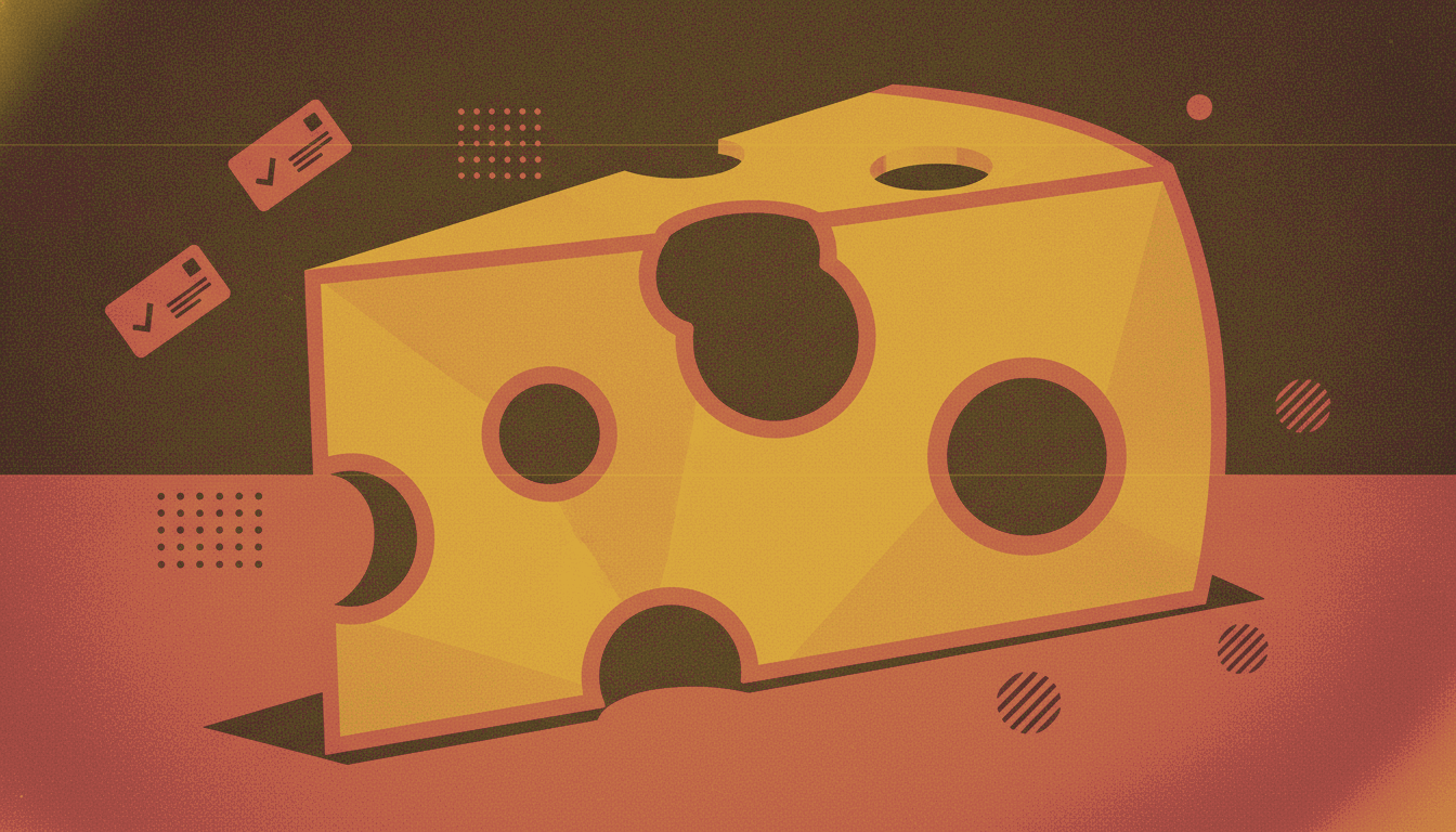 A bold vintage screen-print illustration in mustard yellow, dark charcoal and terracotta of a large faceted wedge of Swiss cheese riddled with holes, surrounded by small pull-request card and checkmark accents.