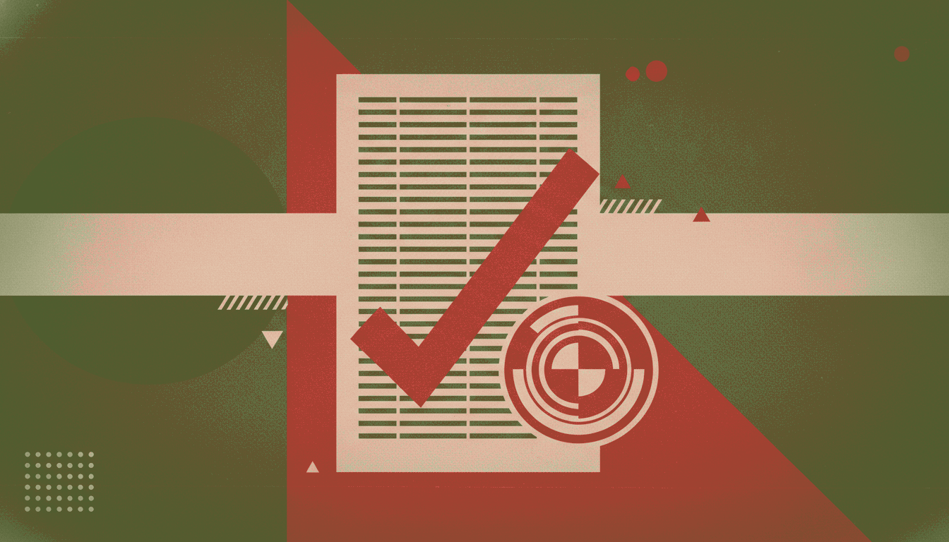 A bold vintage screen-print illustration in cream, olive green and brick red of a printed code listing with a large red checkmark and a round approval stamp.