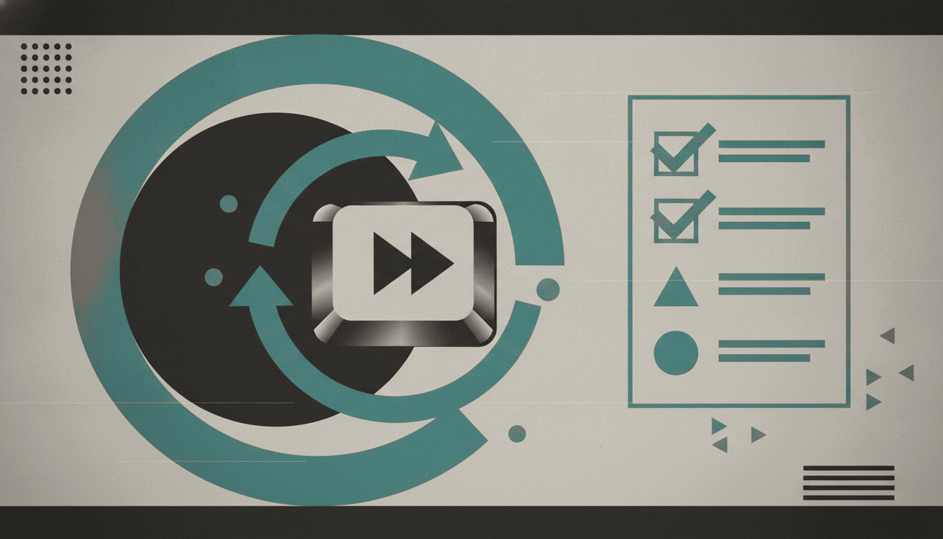 A bold vintage screen-print illustration in putty cream, near-black and muted teal of an oversized keyboard key with an arrow icon trapped inside a closed circular loop, beside a printed checklist showing every box checked.