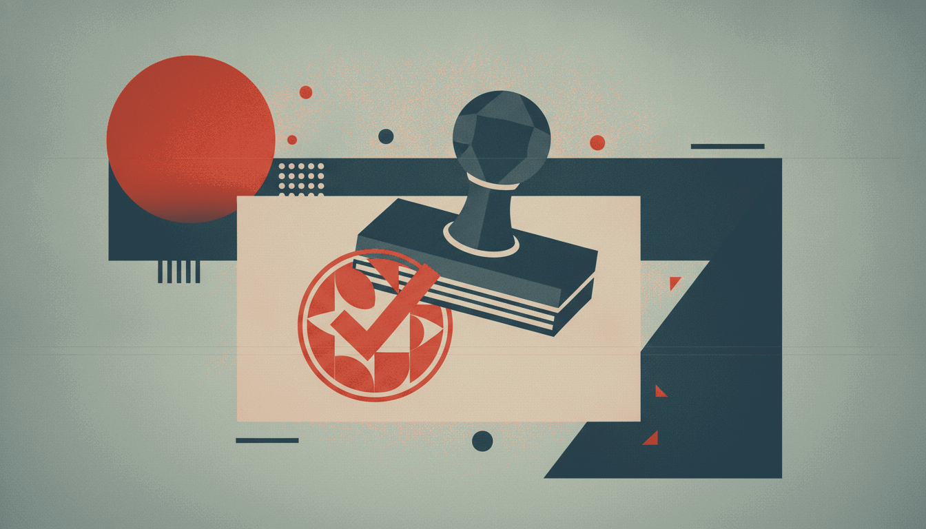 A bold vintage screen-print illustration in pale sage, deep ink blue and vermilion of a large rubber approval stamp pressing a checkmark mark onto a form sheet.