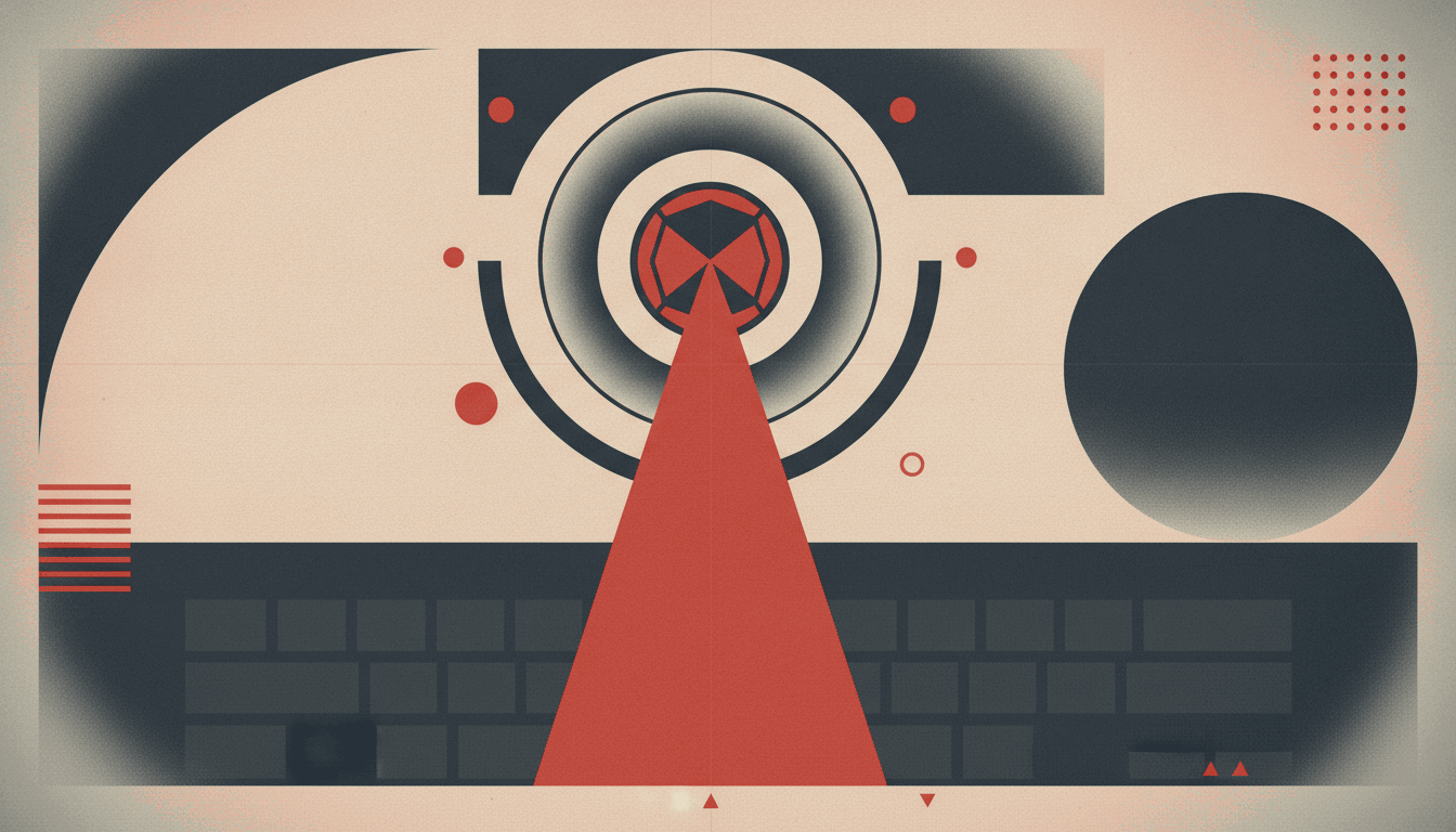 A bold vintage screen-print illustration in cream, deep charcoal-navy and alarm red of a circular smoke-detector alarm with concentric rings casting a triangular beam of red warning light down onto a laptop keyboard.