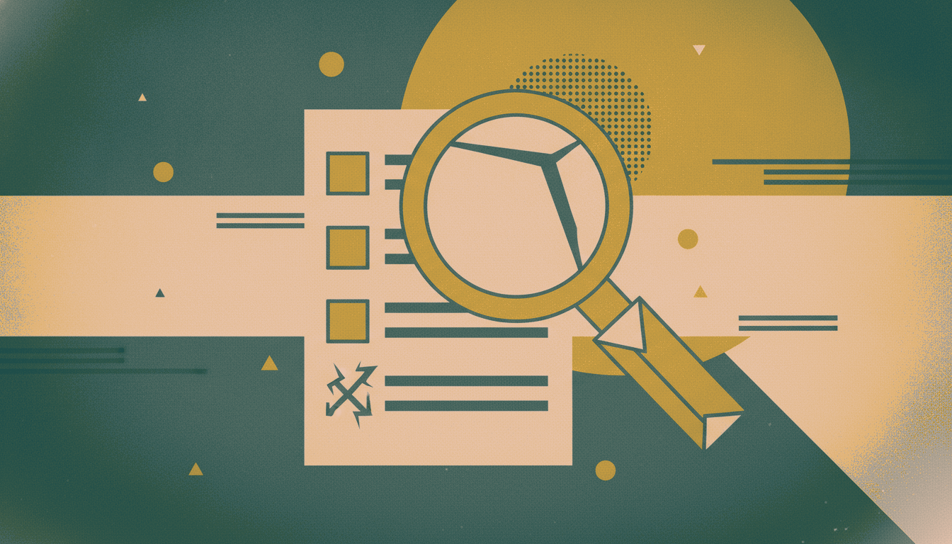 A bold vintage screen-print illustration in deep green-teal, mustard and salmon-cream of a large magnifying glass over a paper checklist with tick-boxes.