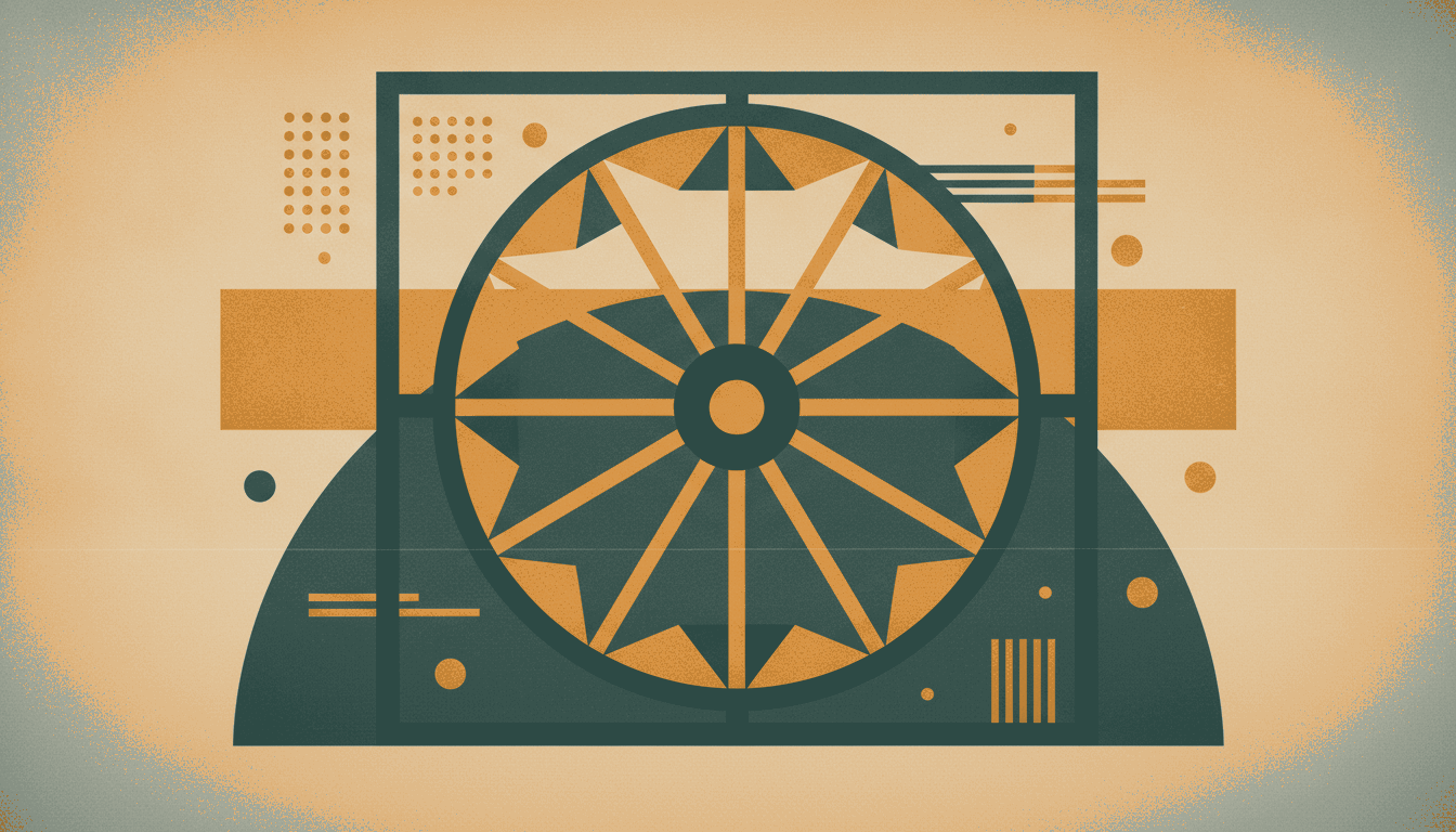 A bold vintage screen-print illustration in cream, deep teal and warm ochre of a large geometric hamster wheel built from angular triangular spokes inside a rectangular cage frame.