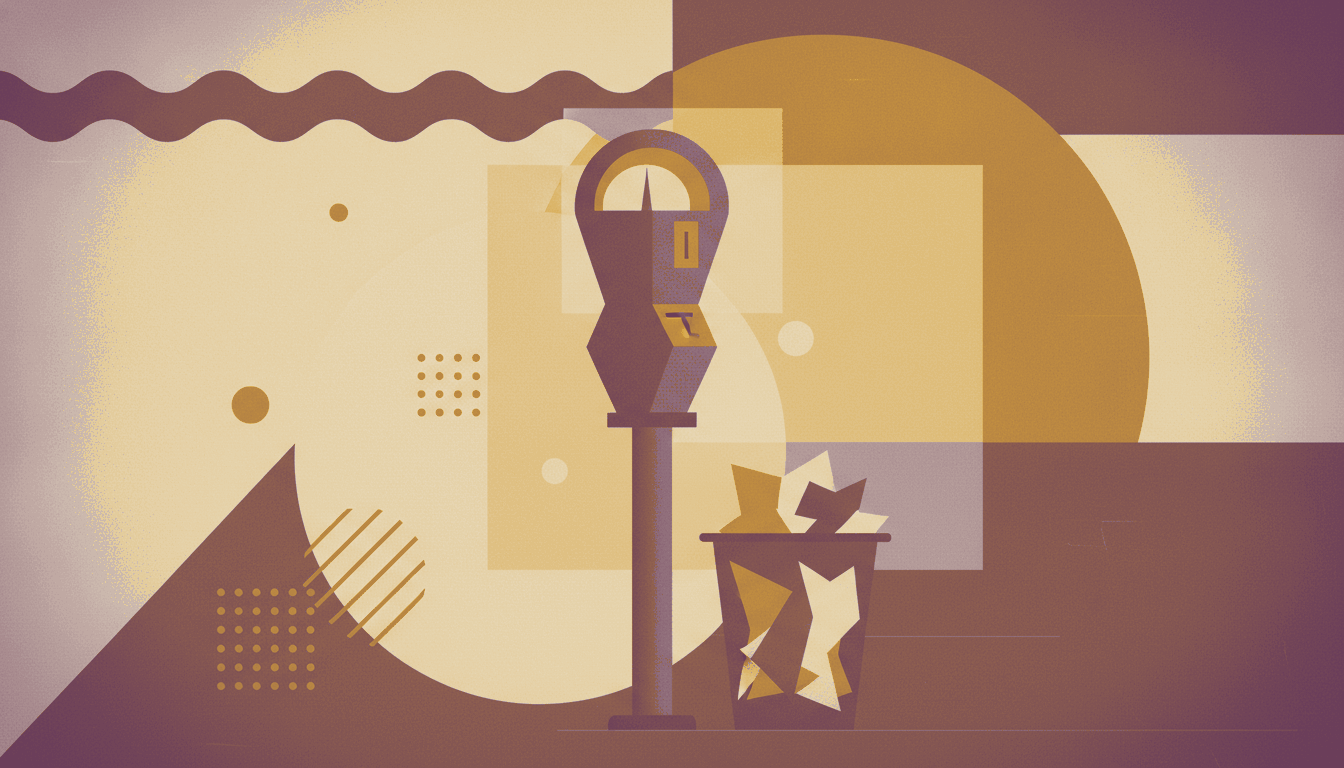 A bold vintage screen-print illustration in cream, dusty plum and mustard of a large parking meter beside a wastepaper basket full of crumpled paper, with translucent sketch sheets behind.