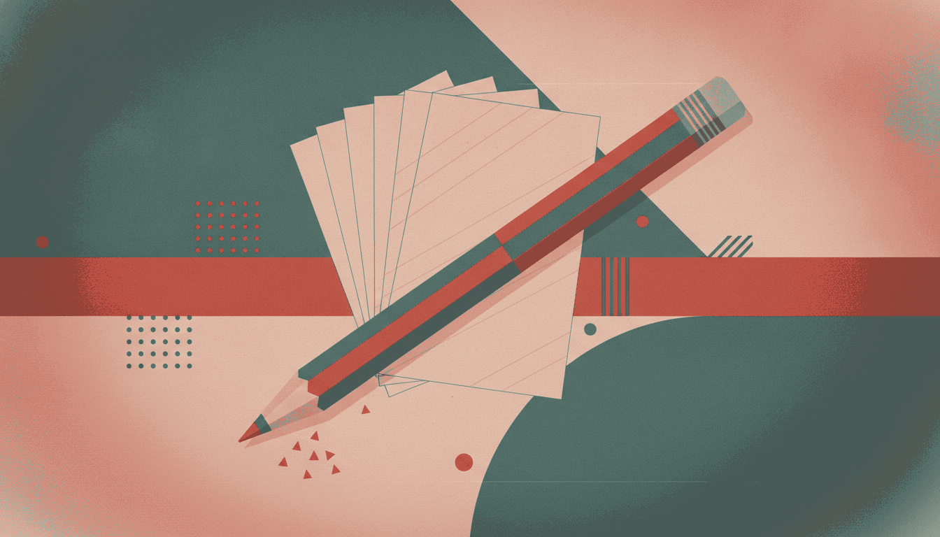 A vintage screen-print illustration in parchment cream, deep teal-green and vermillion red of a fanned stack of tracing-paper sketch sheets crossed diagonally by an oversized red pencil, with scattered eraser-shaving triangles below.