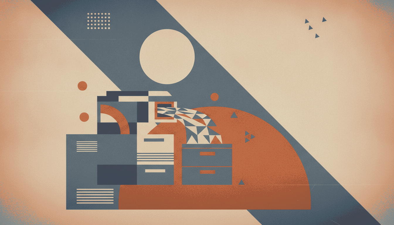A bold vintage screen-print illustration in aged cream, dusty slate-blue and rust terracotta of a boxy photocopier spilling an identical fan of duplicated paper sheets onto a filing cabinet.