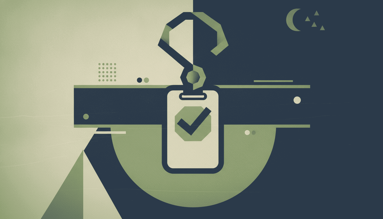 A bold vintage screen-print illustration in cream, deep navy and muted sage green of a large identification badge on a lanyard, its checkmark medallion pinned to a nameplate left deliberately blank.