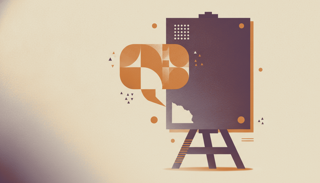 A bold vintage screen-print illustration in cream, deep plum and warm ochre of a large unfinished poster on an easel, its blank rough-edged corner exposed as a geometric orange speech bubble bursts out from behind it.