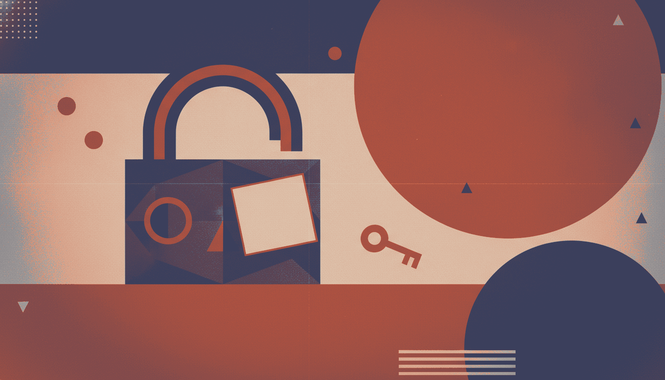 A bold vintage screen-print illustration in cream, slate indigo and rust red of a large geometric padlock with a blank sticky note on its body and a small key lying out of reach beside it.
