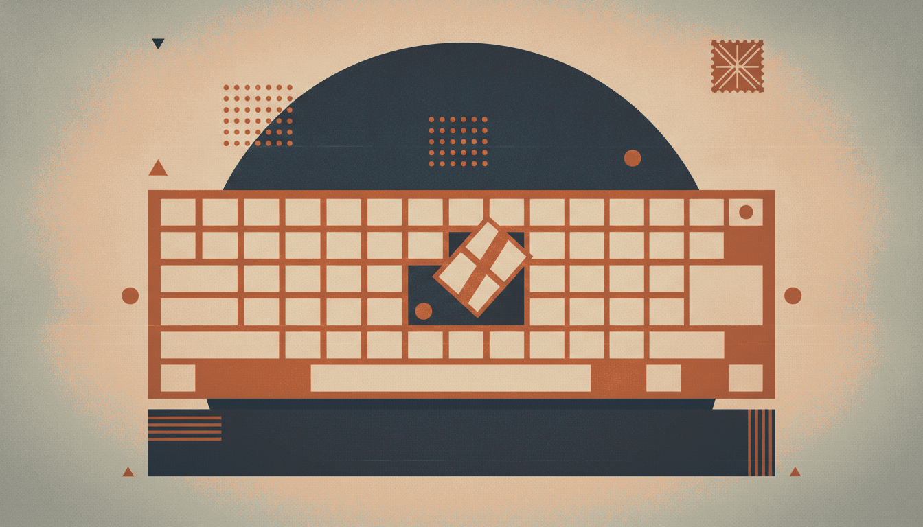 A bold vintage screen-print illustration in slate-navy, cream and burnt terracotta of an oversized mechanical keyboard with one central key pulled from its slot and struck through by a diagonal cross.