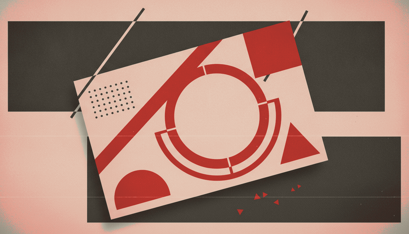 A bold vintage screen-print illustration in aged paper cream, charcoal and red pen crimson of a tilted printed specification document marked up with a heavy diagonal strike-through, a circled correction, and a solid red sticky note.