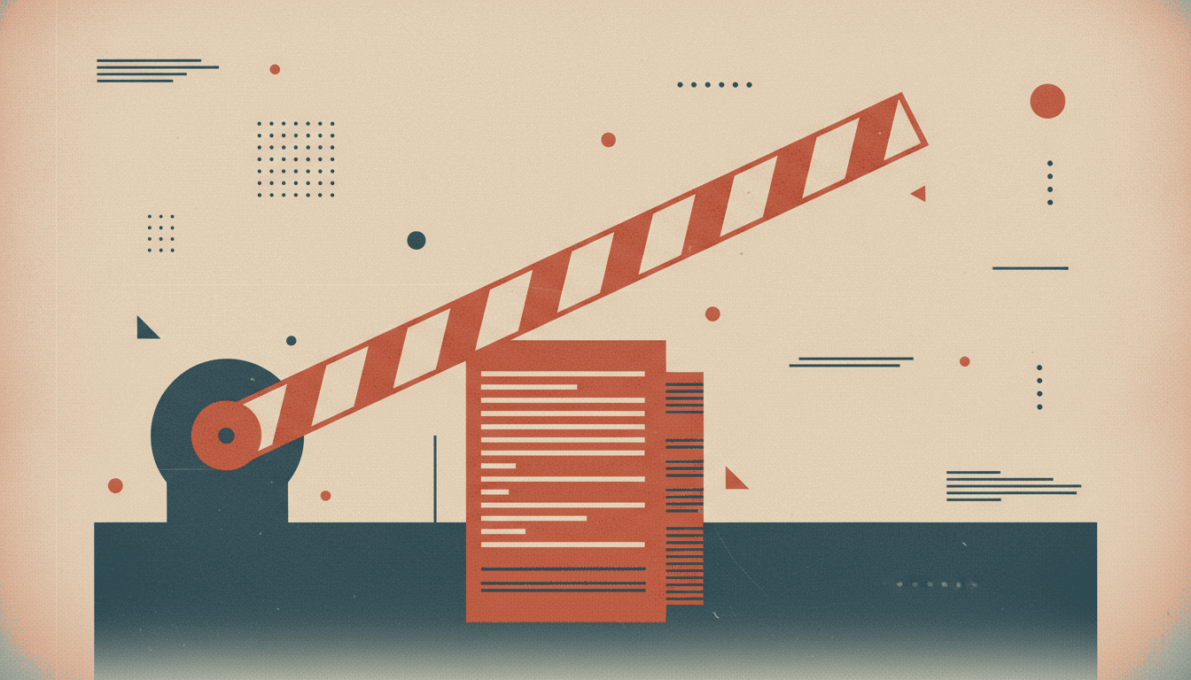 A bold vintage screen-print illustration in cream, deep teal and brick red of a raised diagonal-striped boom barrier gate pivoting open on a circular hinge post above a tall stack of printed code-listing pages.
