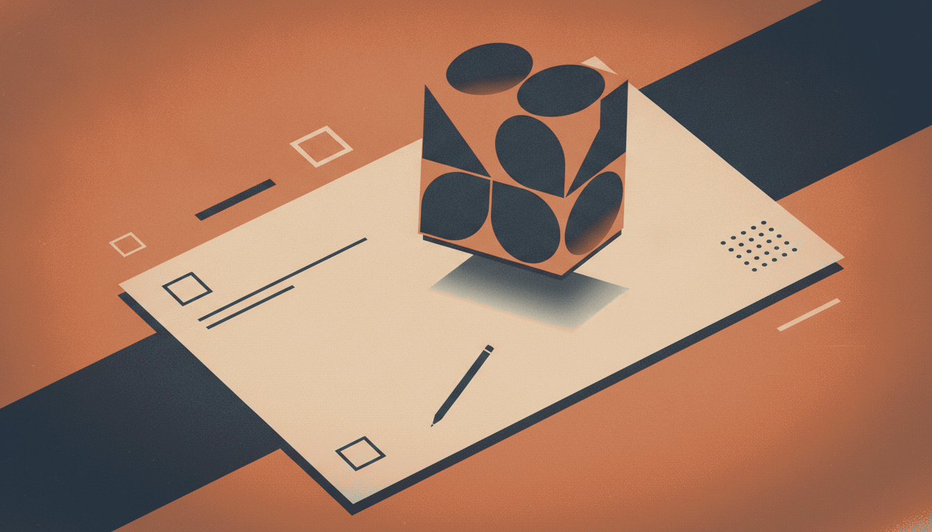 A bold vintage screen-print illustration in terracotta, dark navy and cream of a large faceted geometric approval stamp poised above a numbered checklist page, with a small ballpoint pen and checkbox accents.
